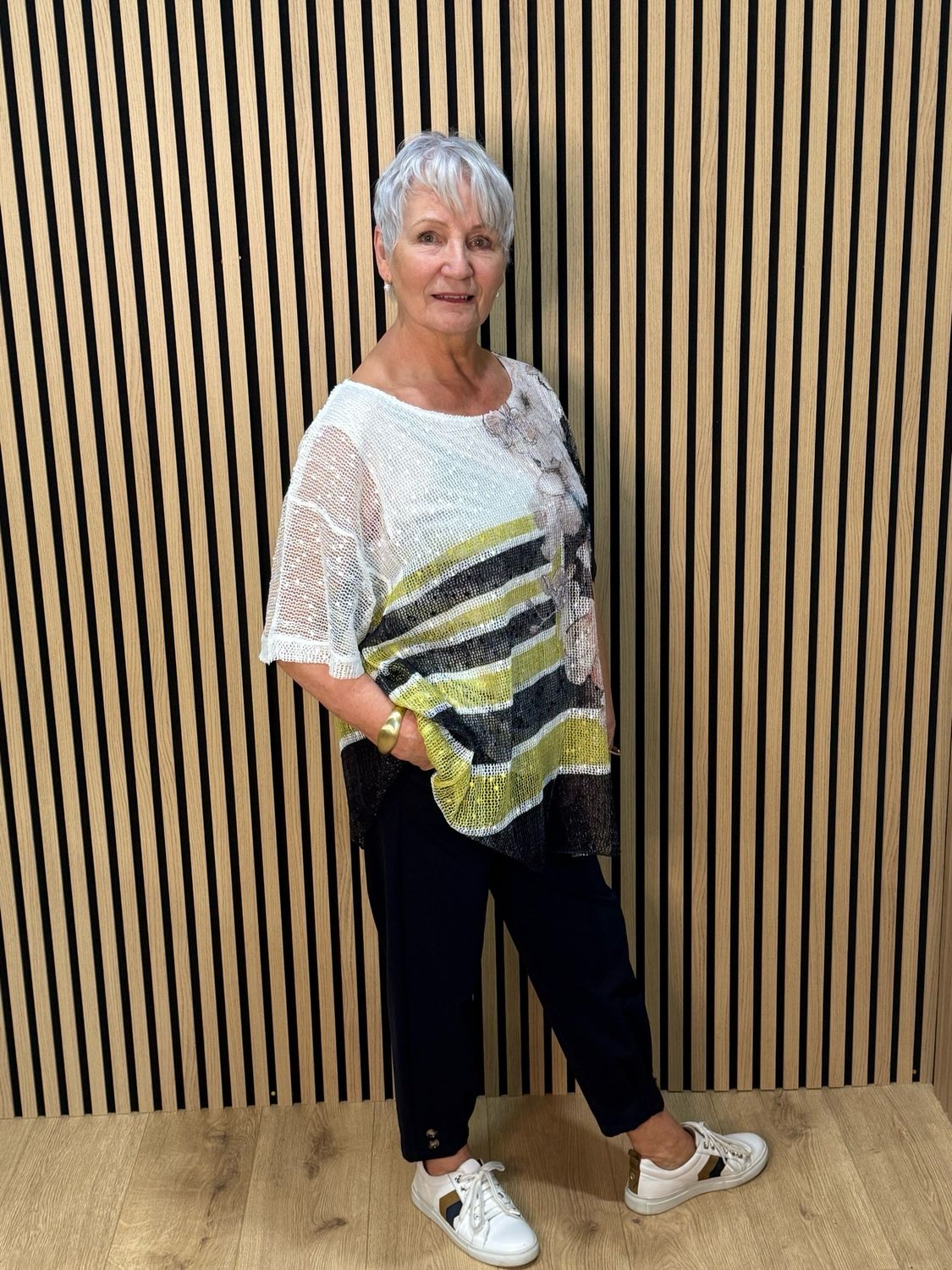 Textured Stripe Print Top - Black/Green