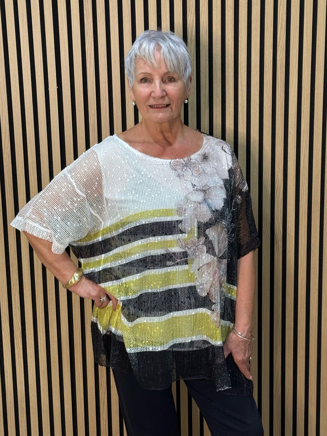 Textured Stripe Print Top - Black/Green