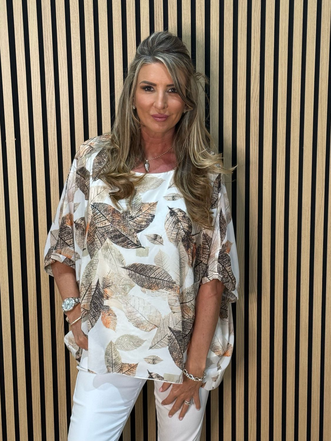 Leaf Print Embellished Top - Taupe