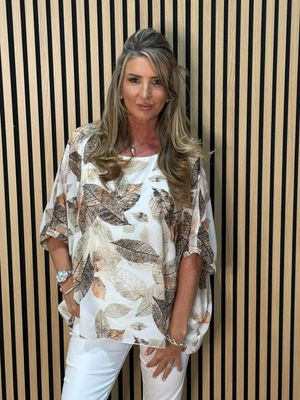 Leaf Print Embellished Top - Taupe