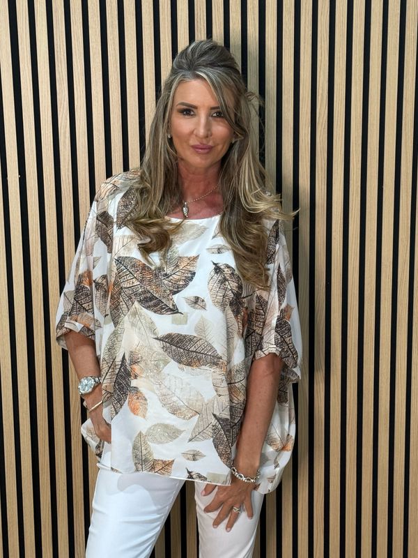 Leaf Print Embellished Top - Taupe