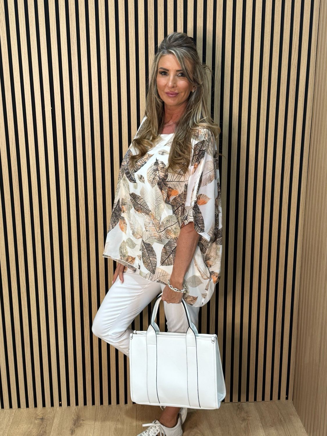 Leaf Print Embellished Top - Taupe