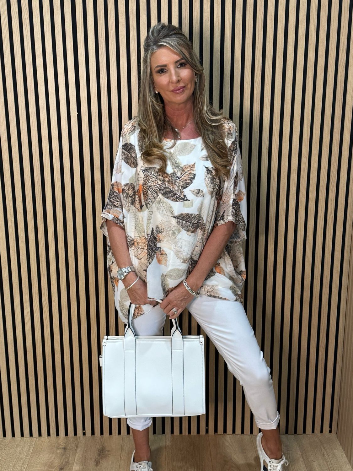 Leaf Print Embellished Top - Taupe