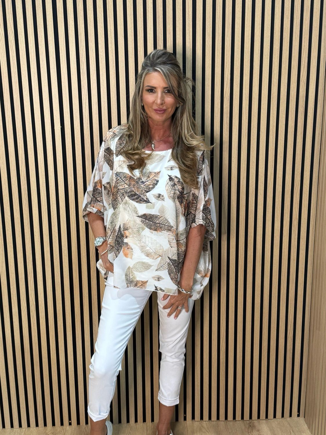 Leaf Print Embellished Top - Taupe