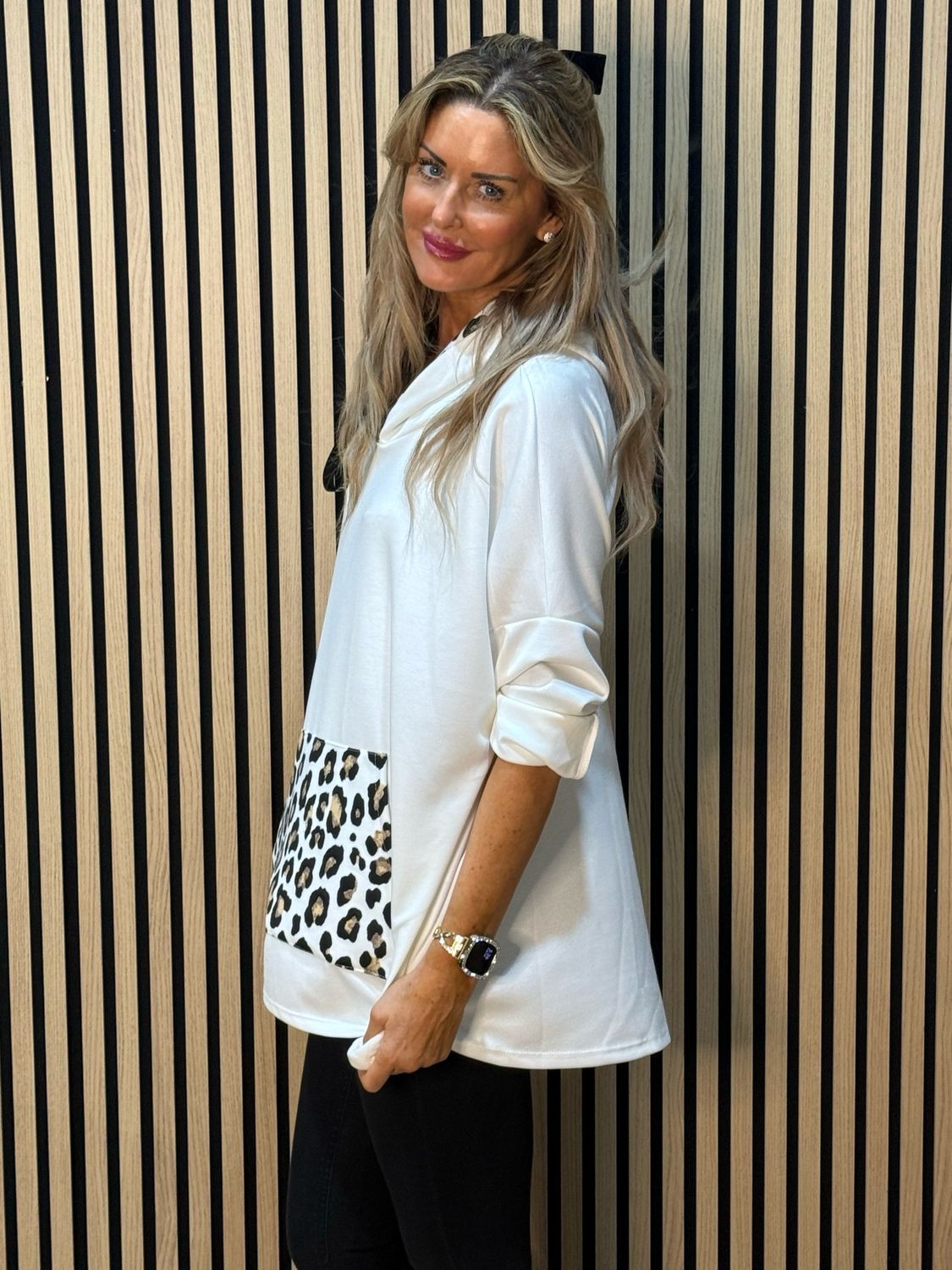 Leopard Trim Oversized Hoodie - White