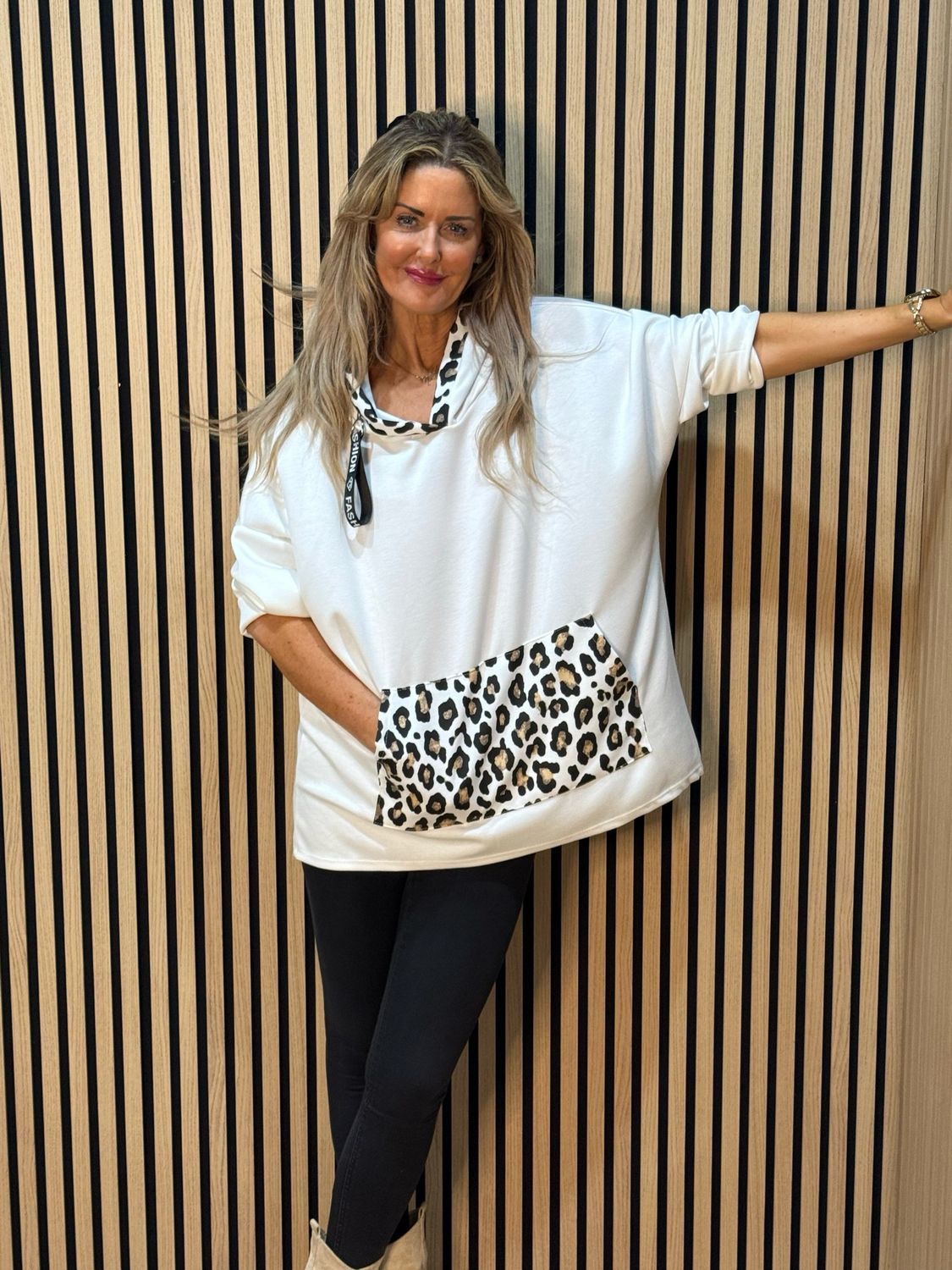 Leopard Trim Oversized Hoodie - White
