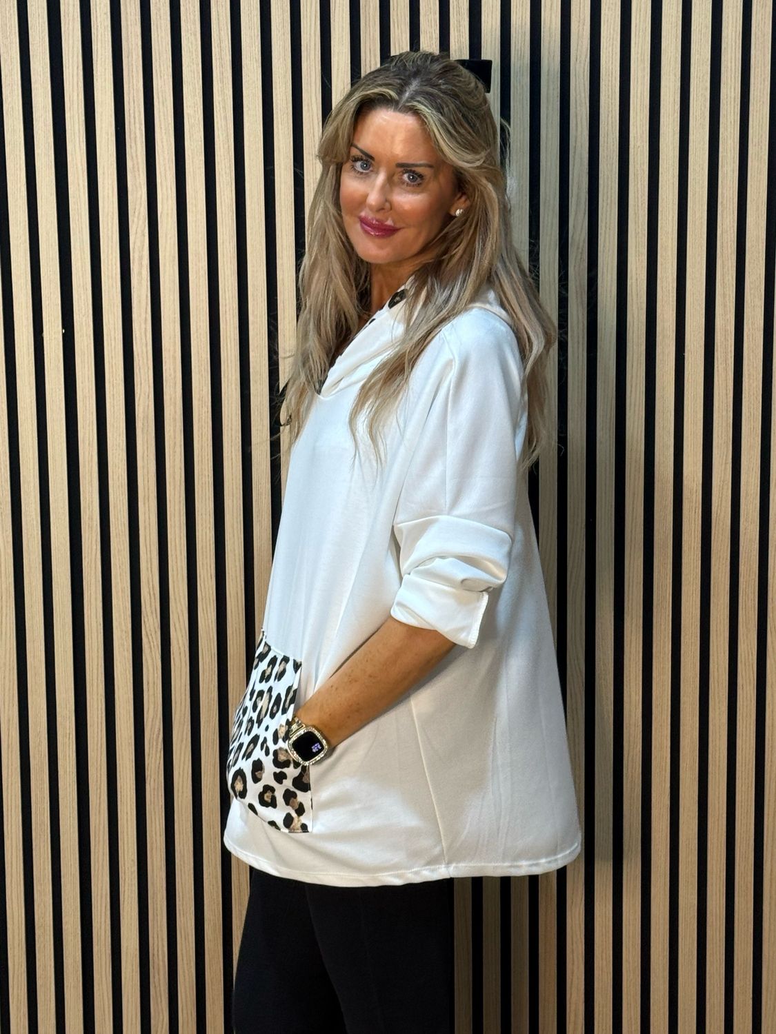 Leopard Trim Oversized Hoodie - White