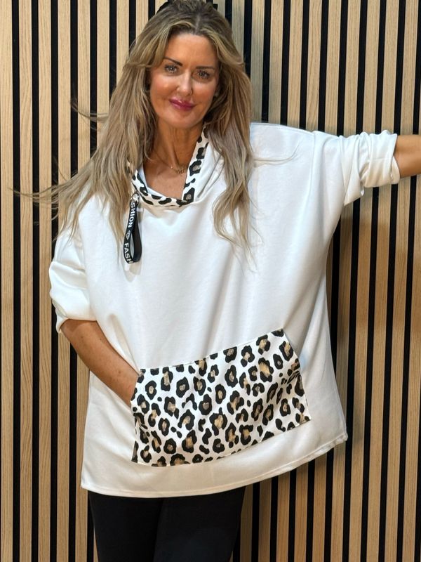 Leopard Trim Oversized Hoodie - White