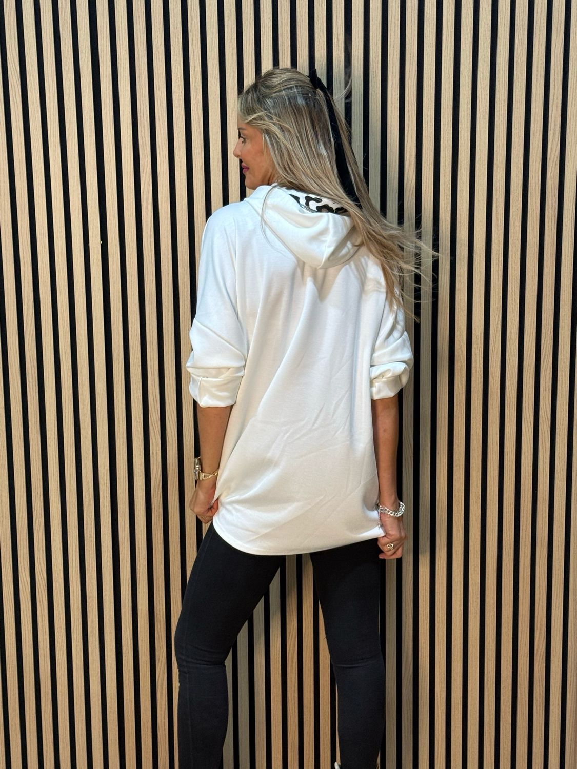 Leopard Trim Oversized Hoodie - White