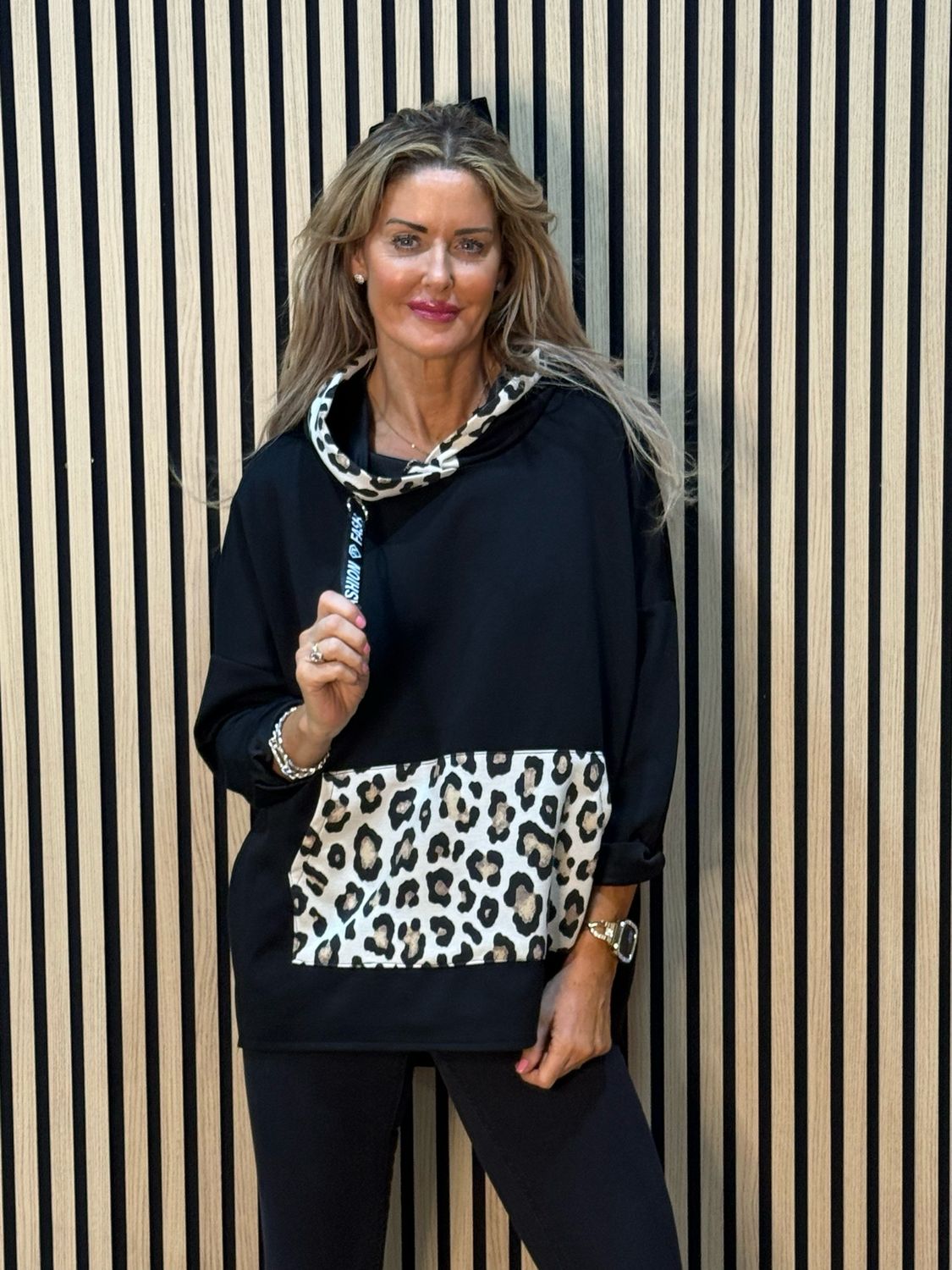 Leopard Trim Oversized Hoodie - Black