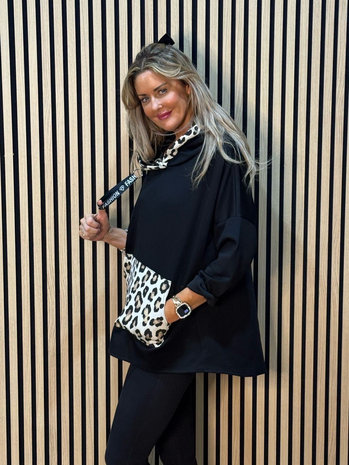 Leopard Trim Oversized Hoodie - Black