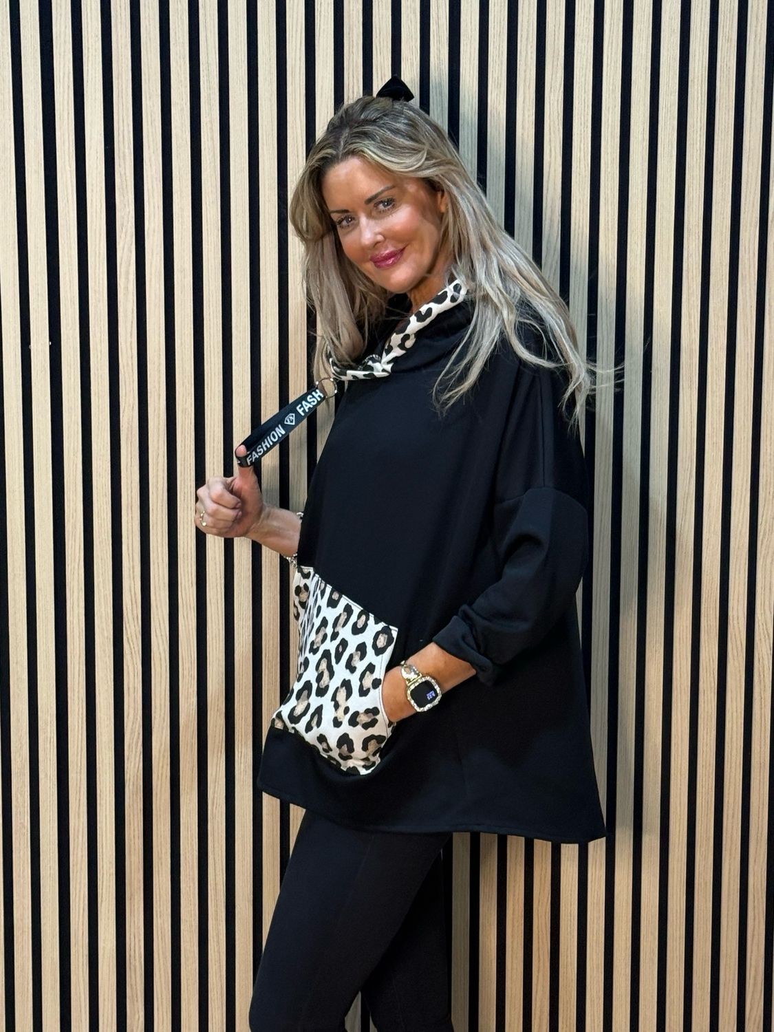 Leopard Trim Oversized Hoodie - Black