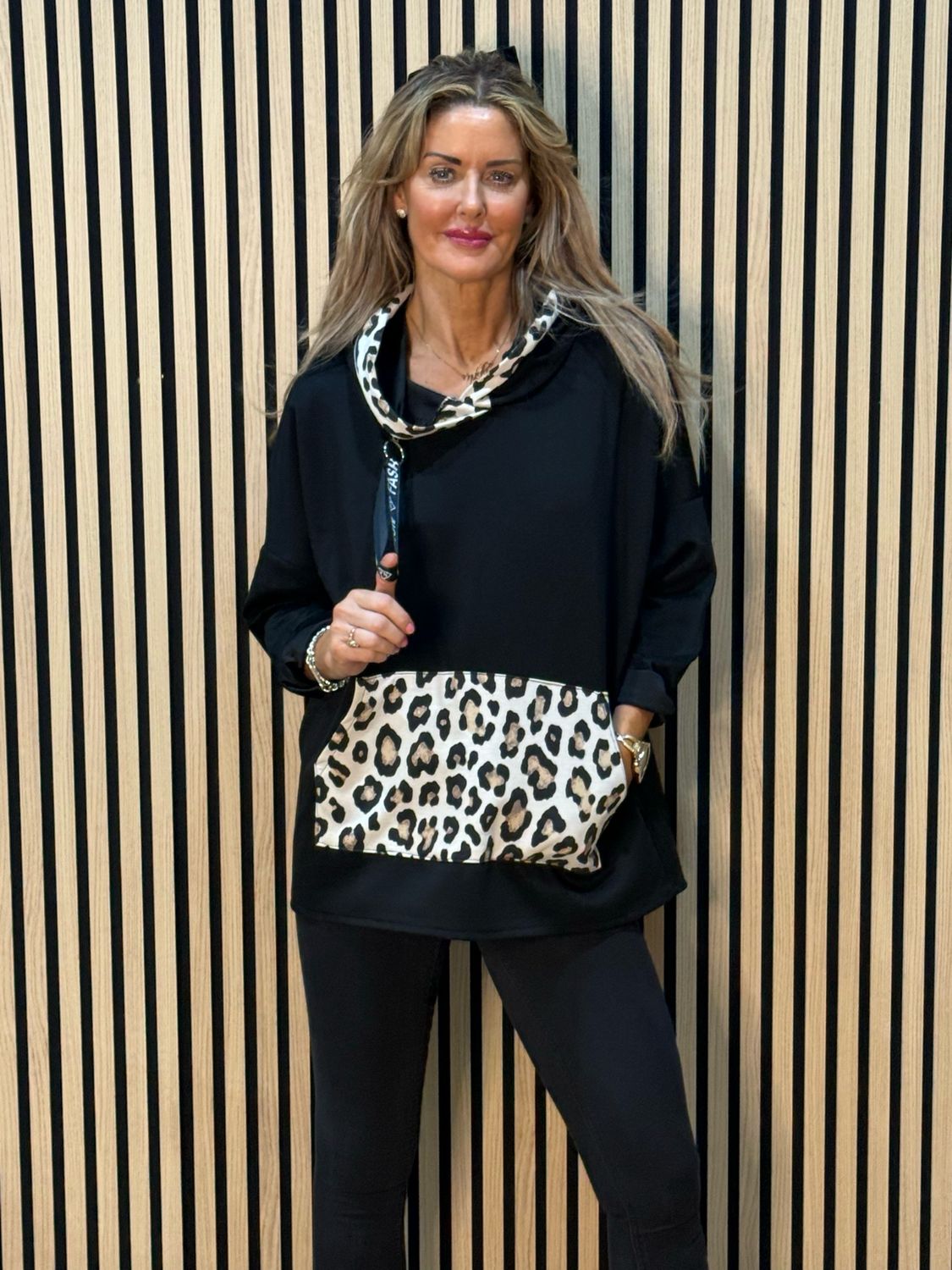 Leopard Trim Oversized Hoodie - Black