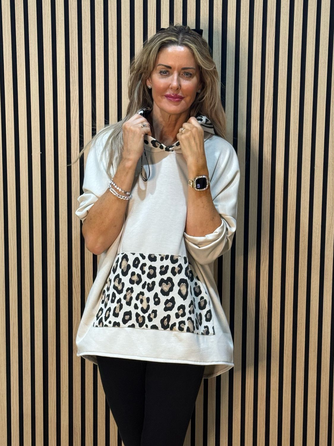 Leopard Trim Oversized Hoodie - Beige