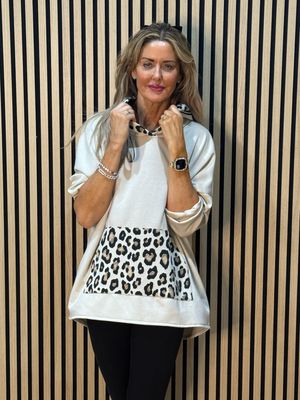 Leopard Trim Oversized Hoodie - Beige