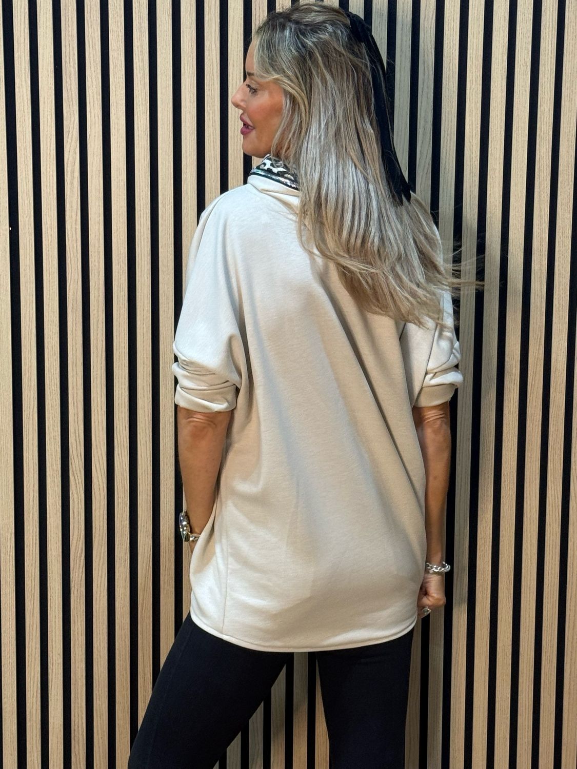 Leopard Trim Oversized Hoodie - Beige