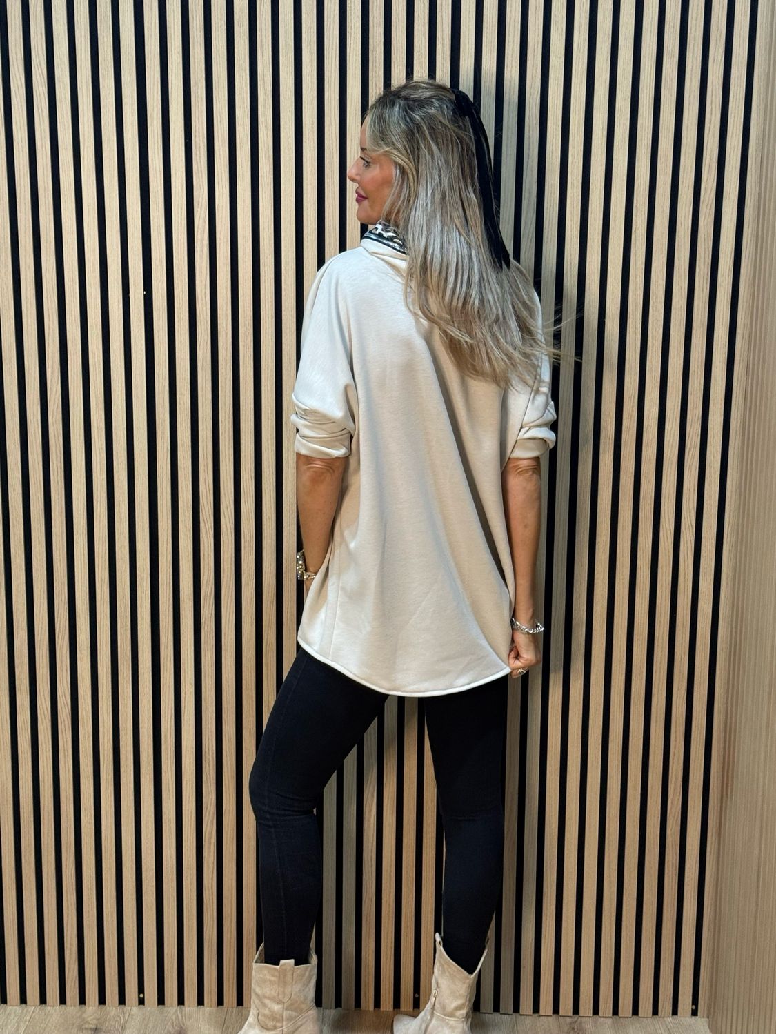 Leopard Trim Oversized Hoodie - Beige