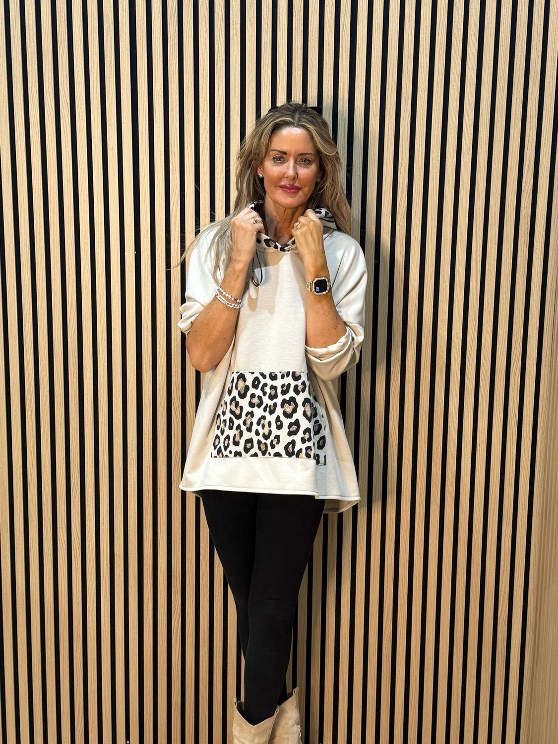 Leopard Trim Oversized Hoodie - Beige