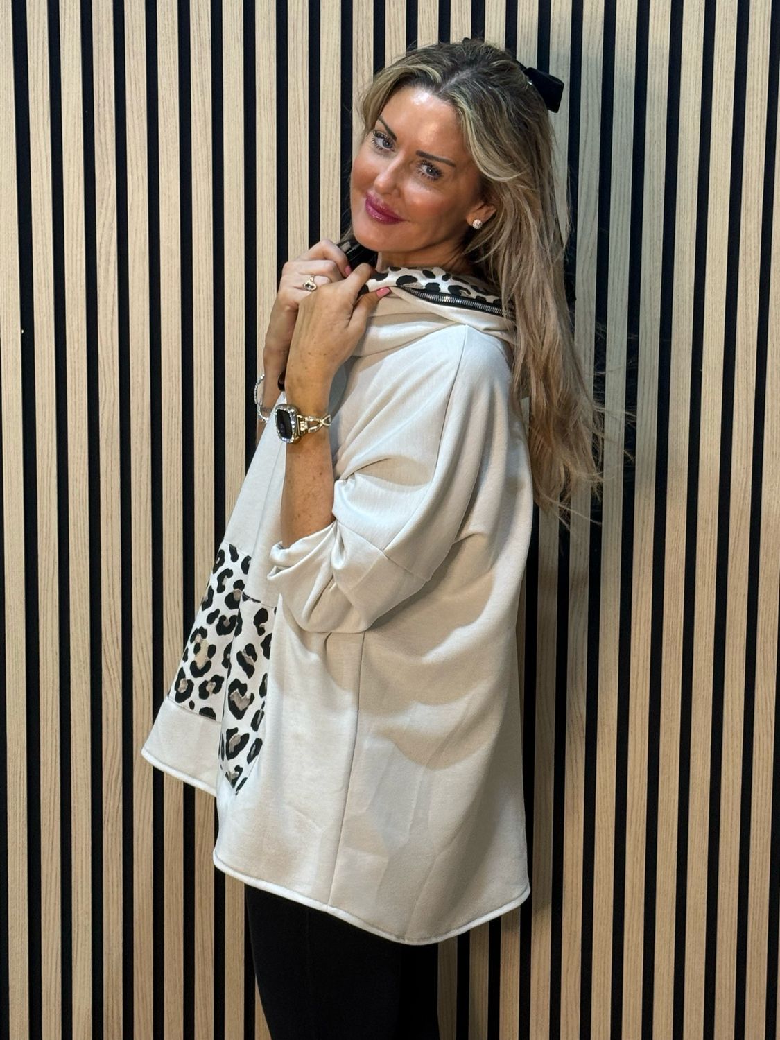 Leopard Trim Oversized Hoodie - Beige