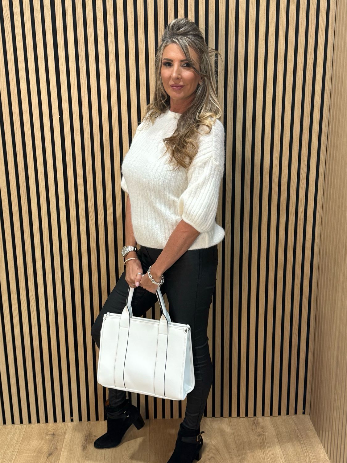 Ribbed Puff Sleeve Jumper - White