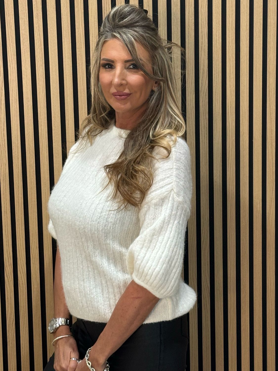 Ribbed Puff Sleeve Jumper - White