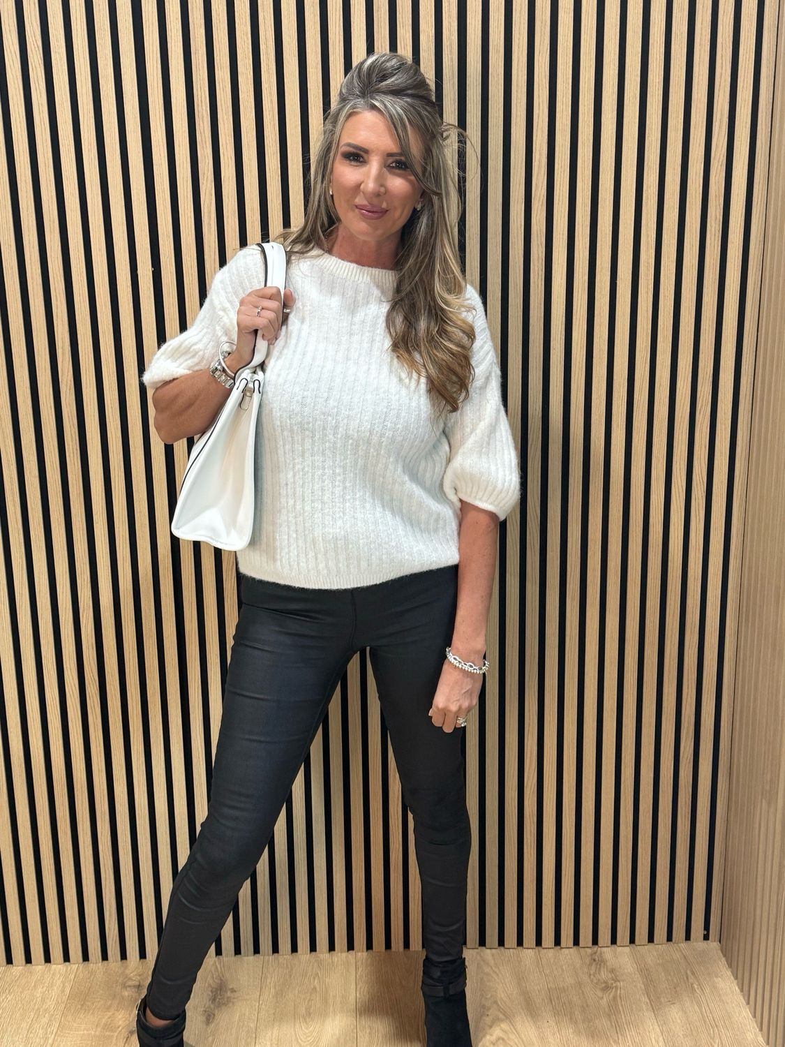 Ribbed Puff Sleeve Jumper - White