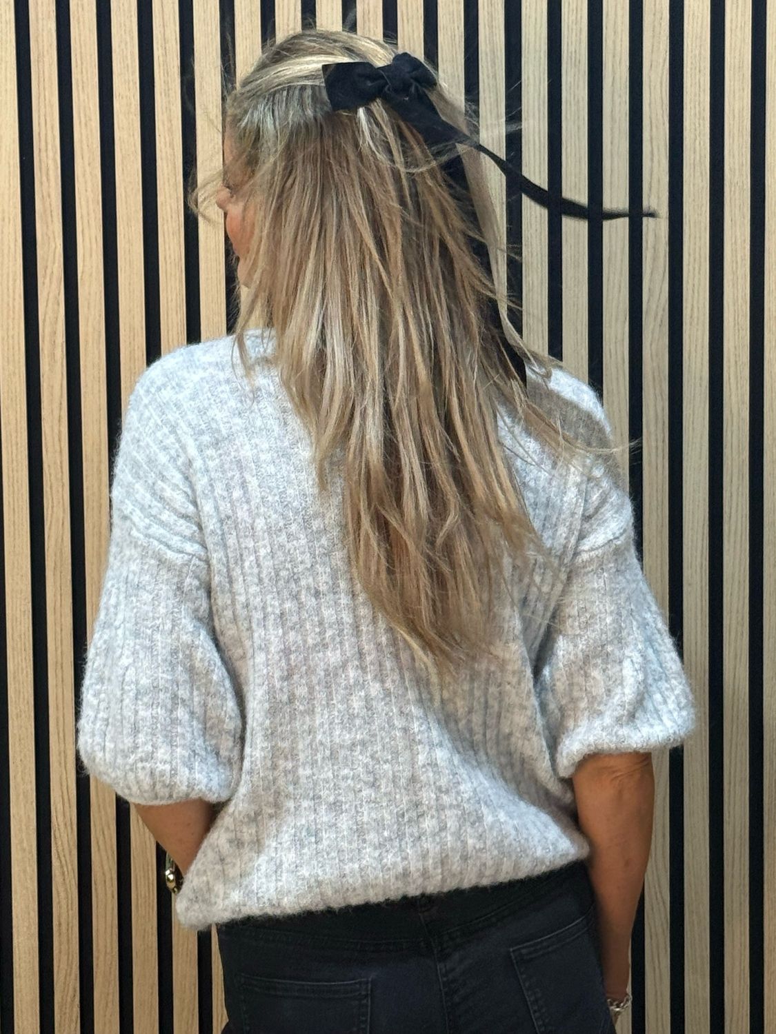 Ribbed Puff Sleeve Jumper - Grey