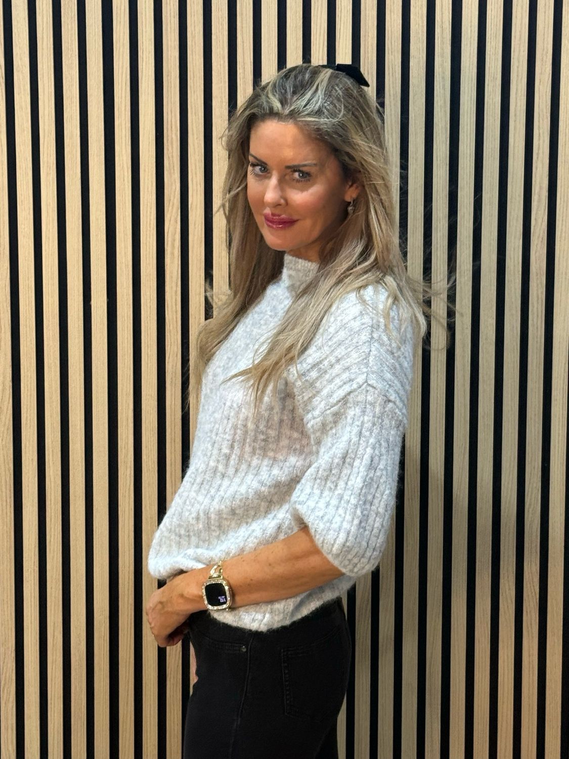 Ribbed Puff Sleeve Jumper - Grey