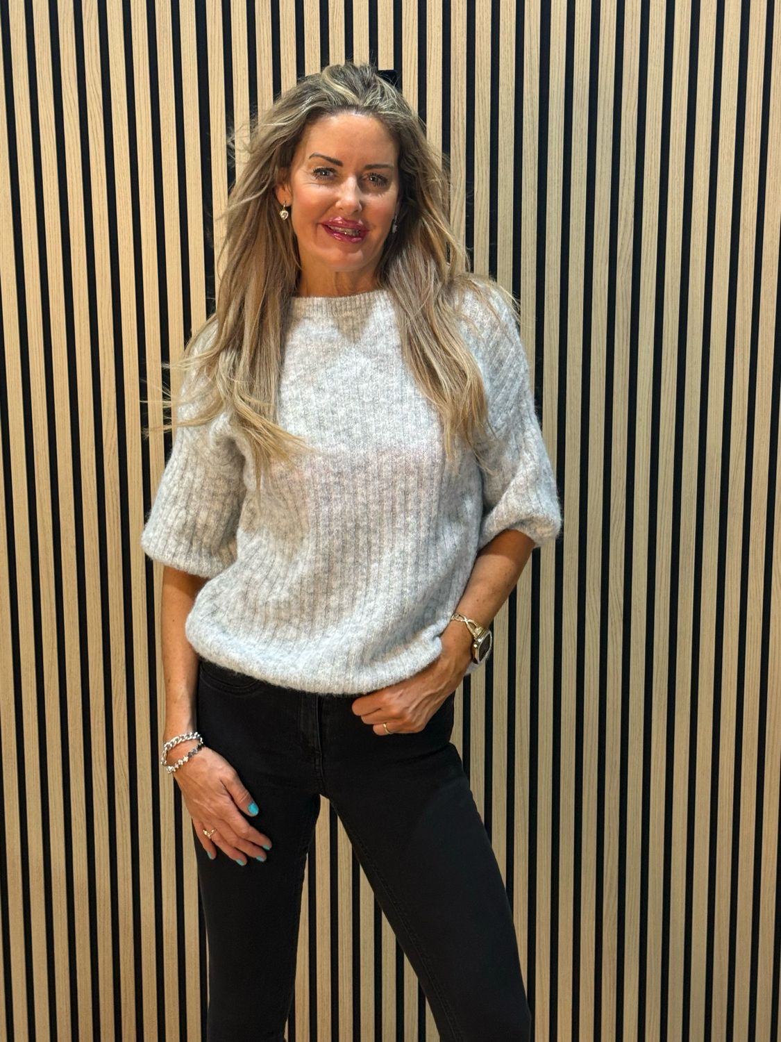 Ribbed Puff Sleeve Jumper - Grey