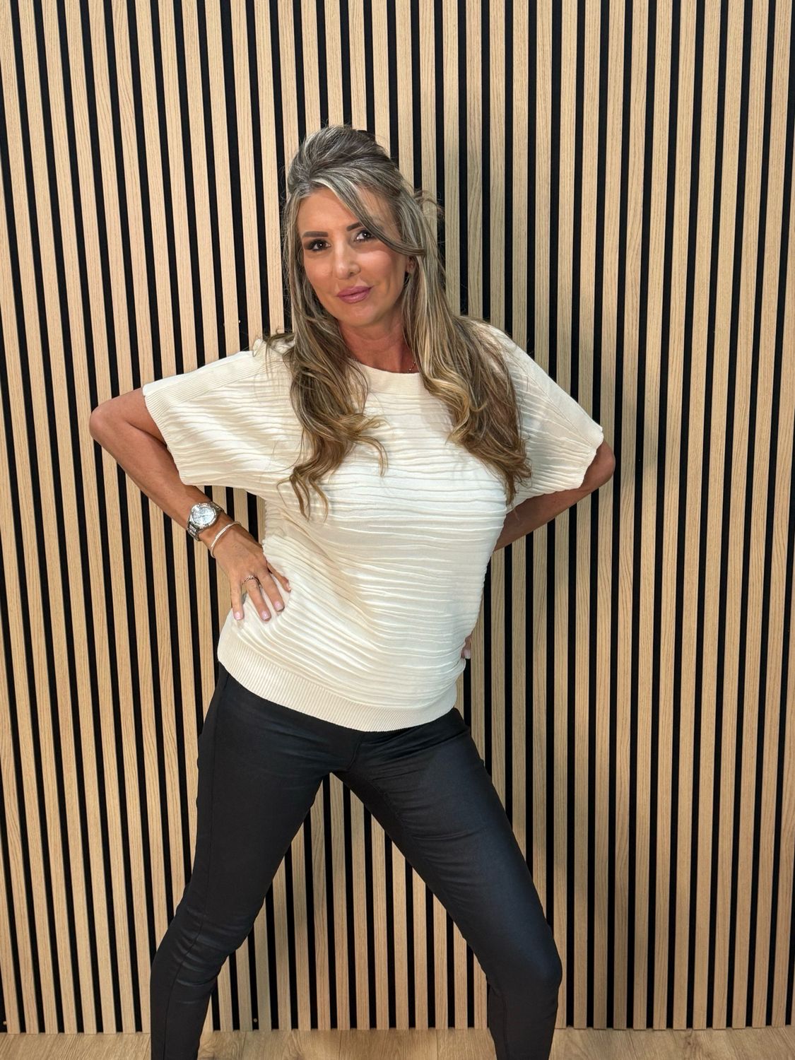 Textured Short Sleeve Knit Top - Cream