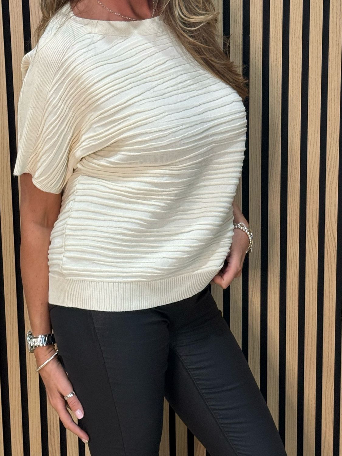 Textured Short Sleeve Knit Top - Cream