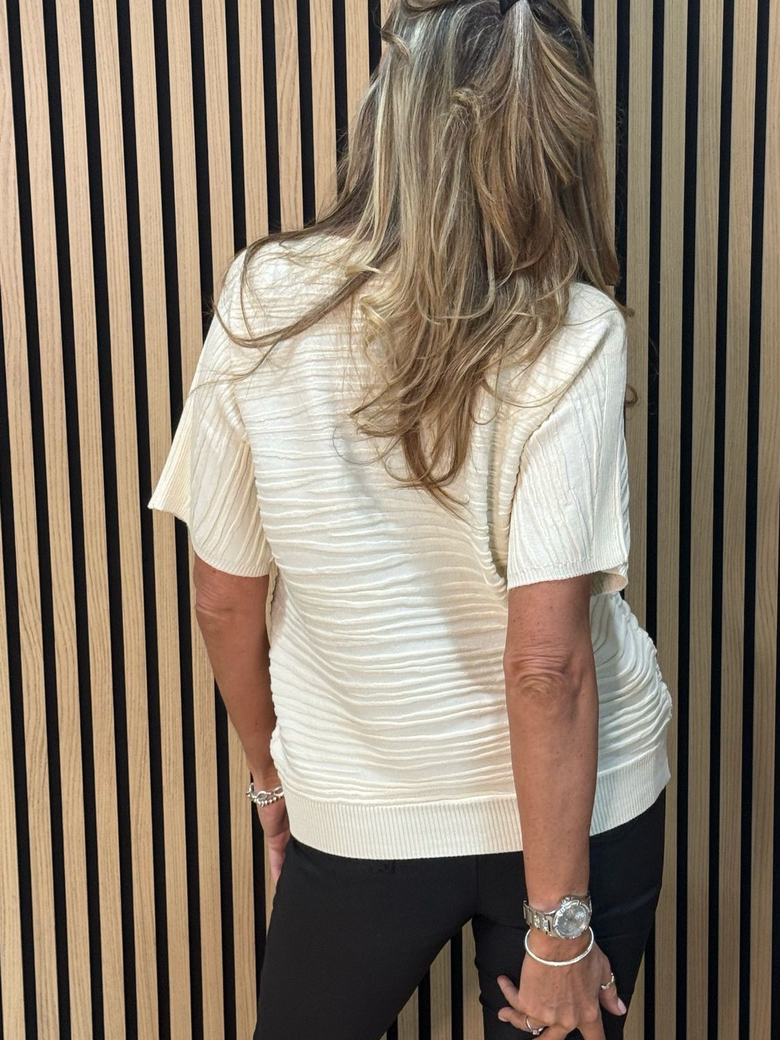 Textured Short Sleeve Knit Top - Cream