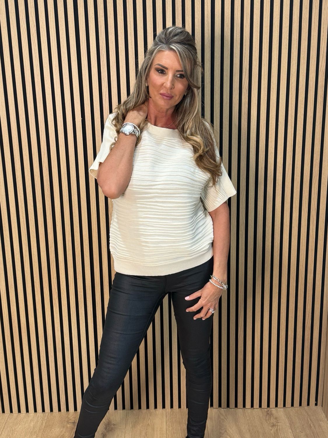 Textured Short Sleeve Knit Top - Cream