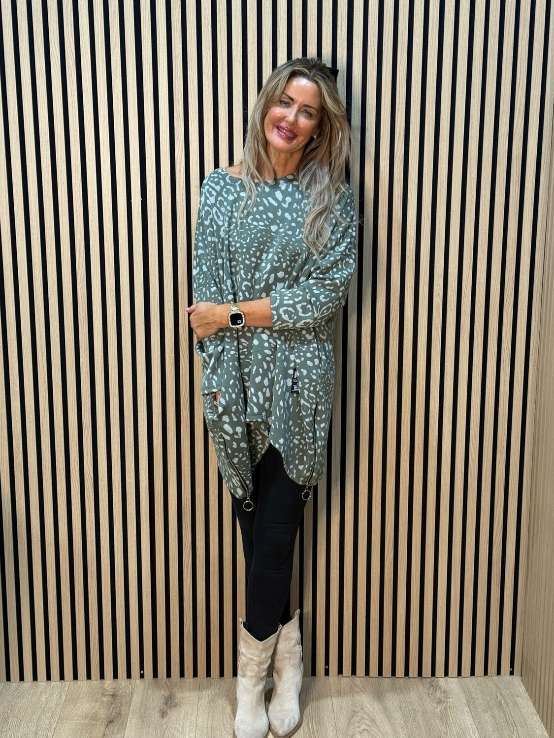 Animal Print Oversized Top - Khaki