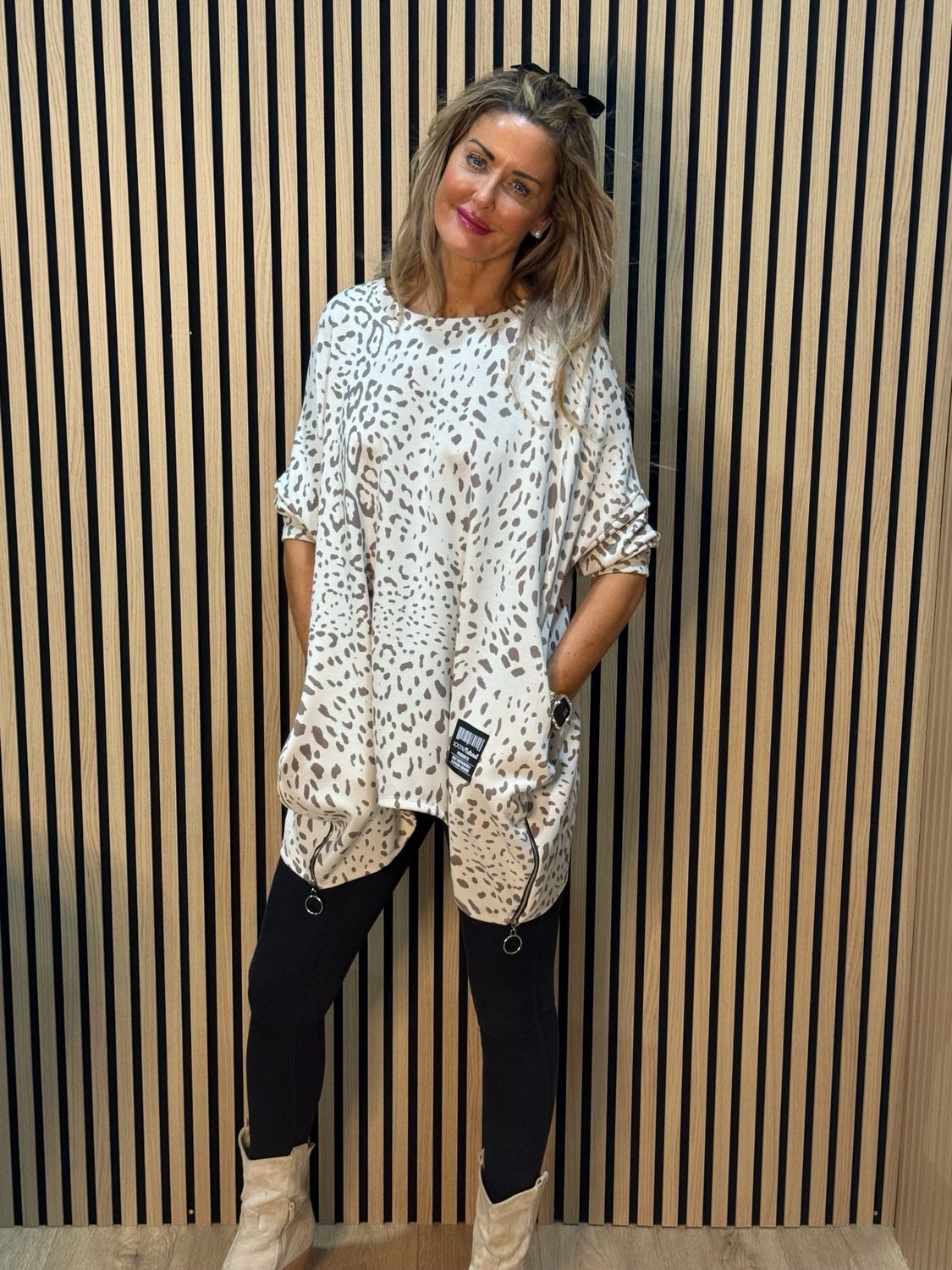 Animal Print Oversized Top - Beige