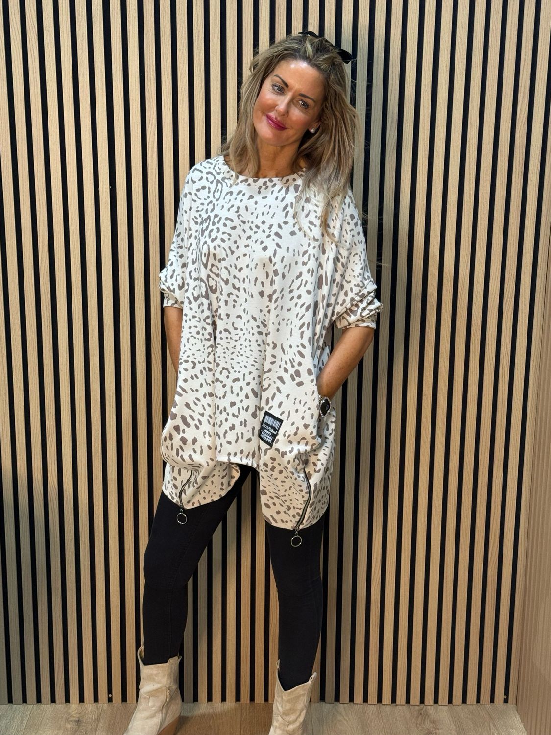 Animal Print Oversized Top - Beige