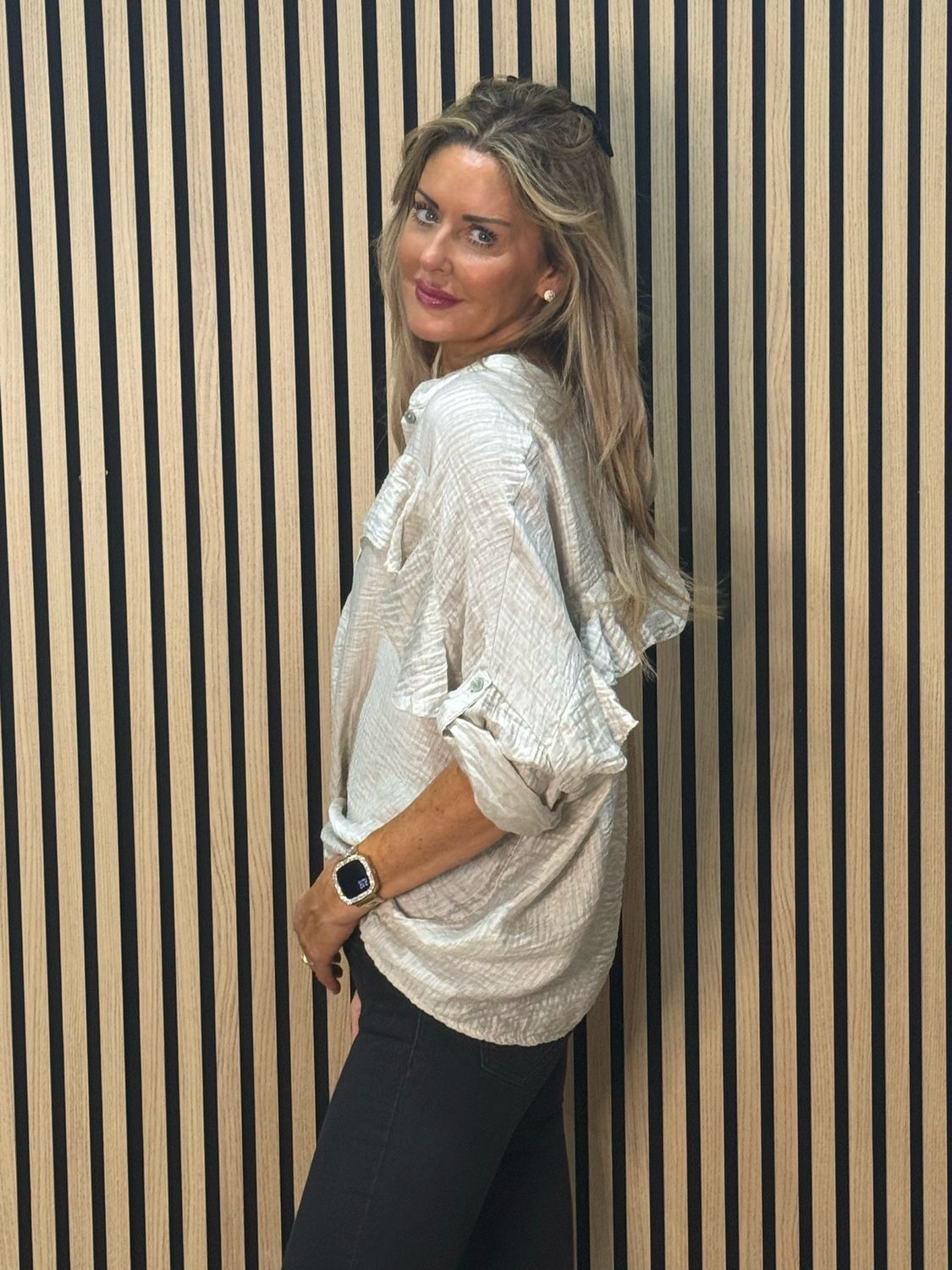 Lightweight Textured Button Blouse - Taupe