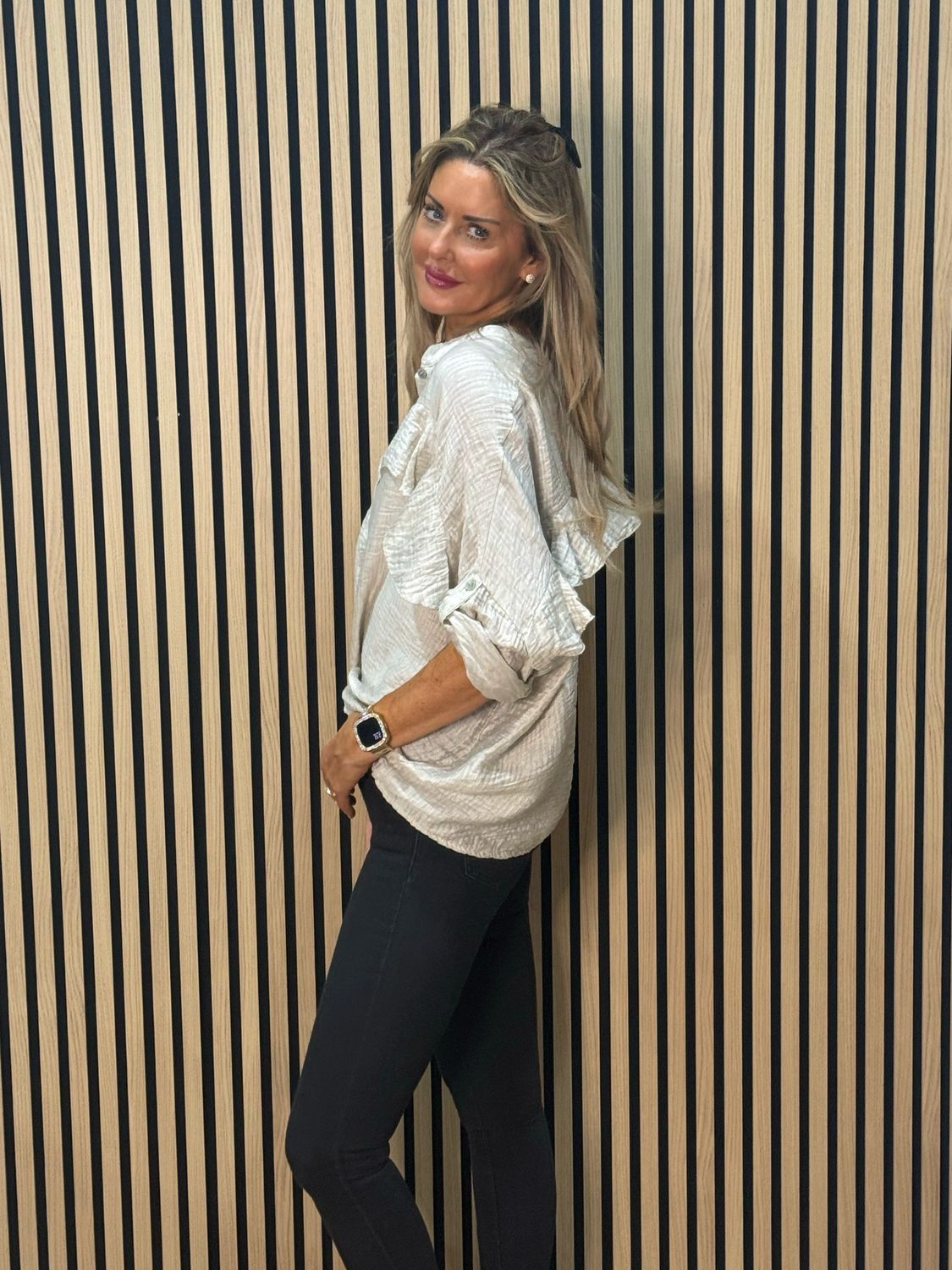 Lightweight Textured Button Blouse - Taupe