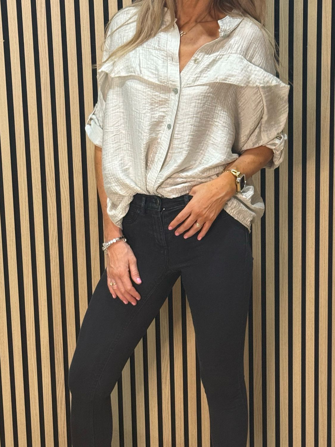 Lightweight Textured Button Blouse - Taupe