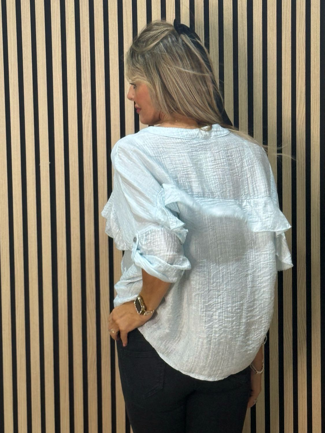 Lightweight Textured Button Blouse - Baby Blue