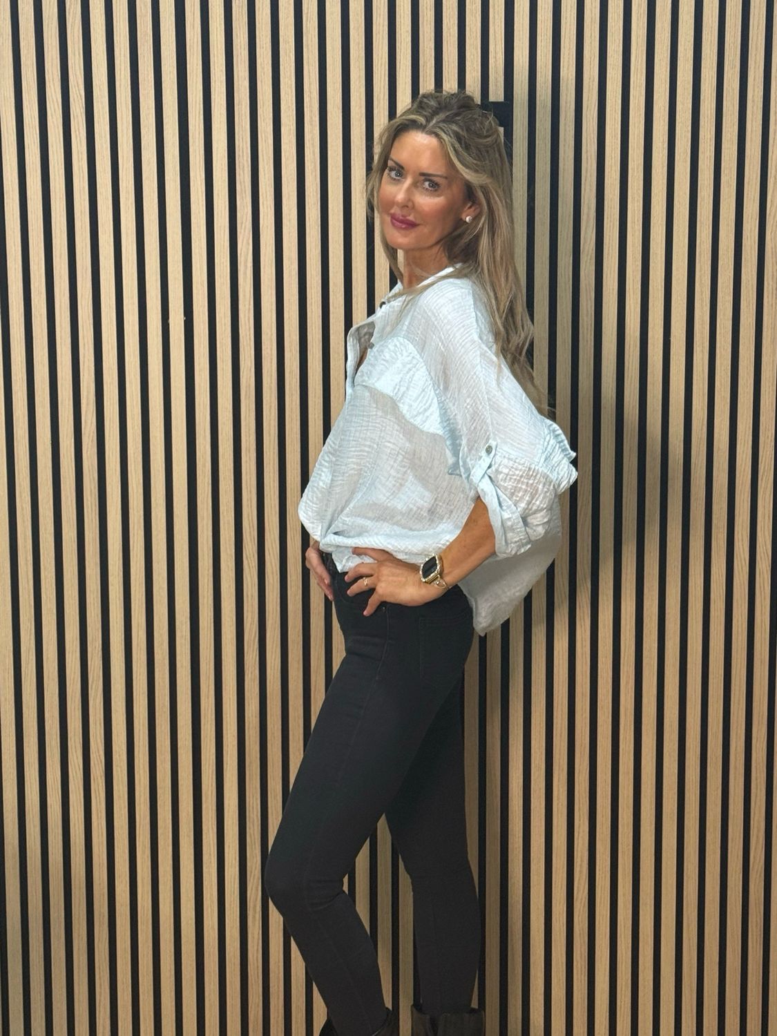 Lightweight Textured Button Blouse - Baby Blue