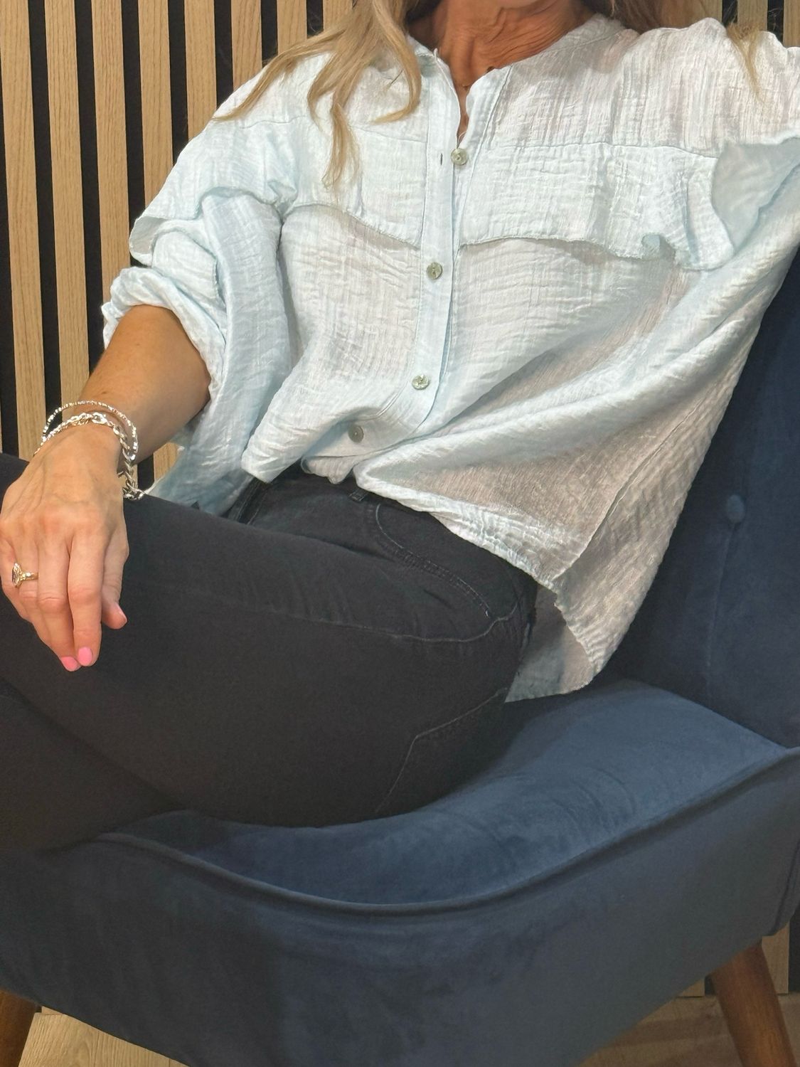 Lightweight Textured Button Blouse - Baby Blue