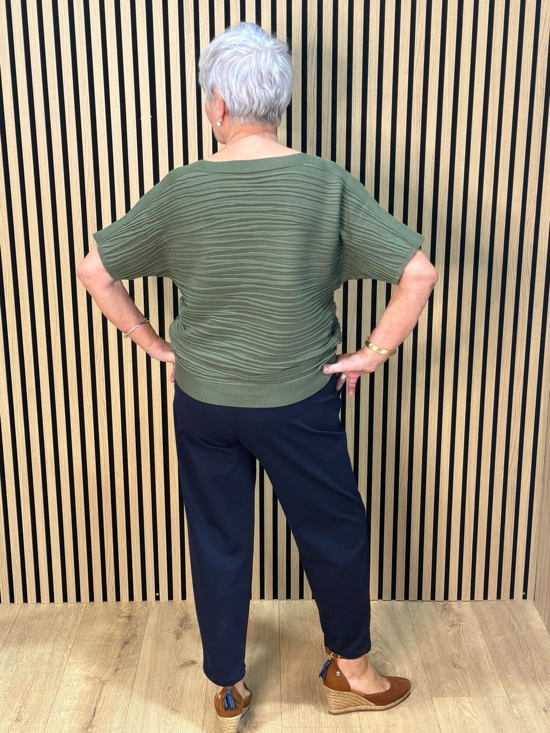 Textured Short Sleeve Knit Top - Khaki