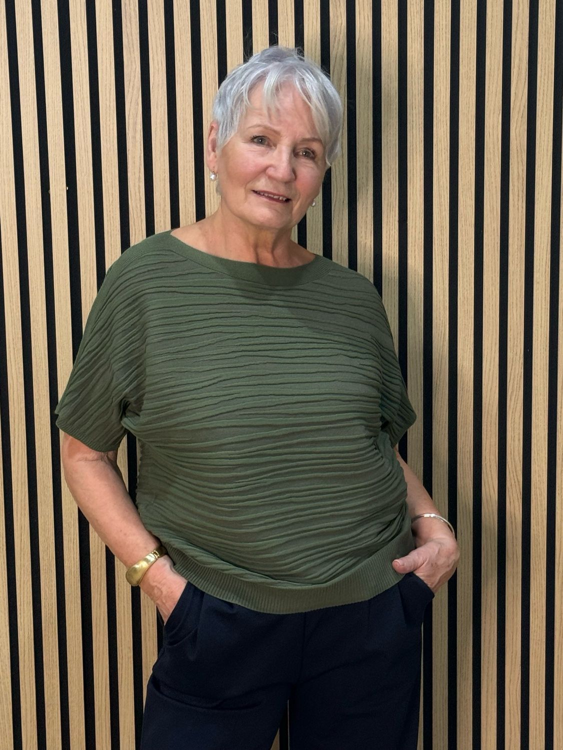 Textured Short Sleeve Knit Top - Khaki