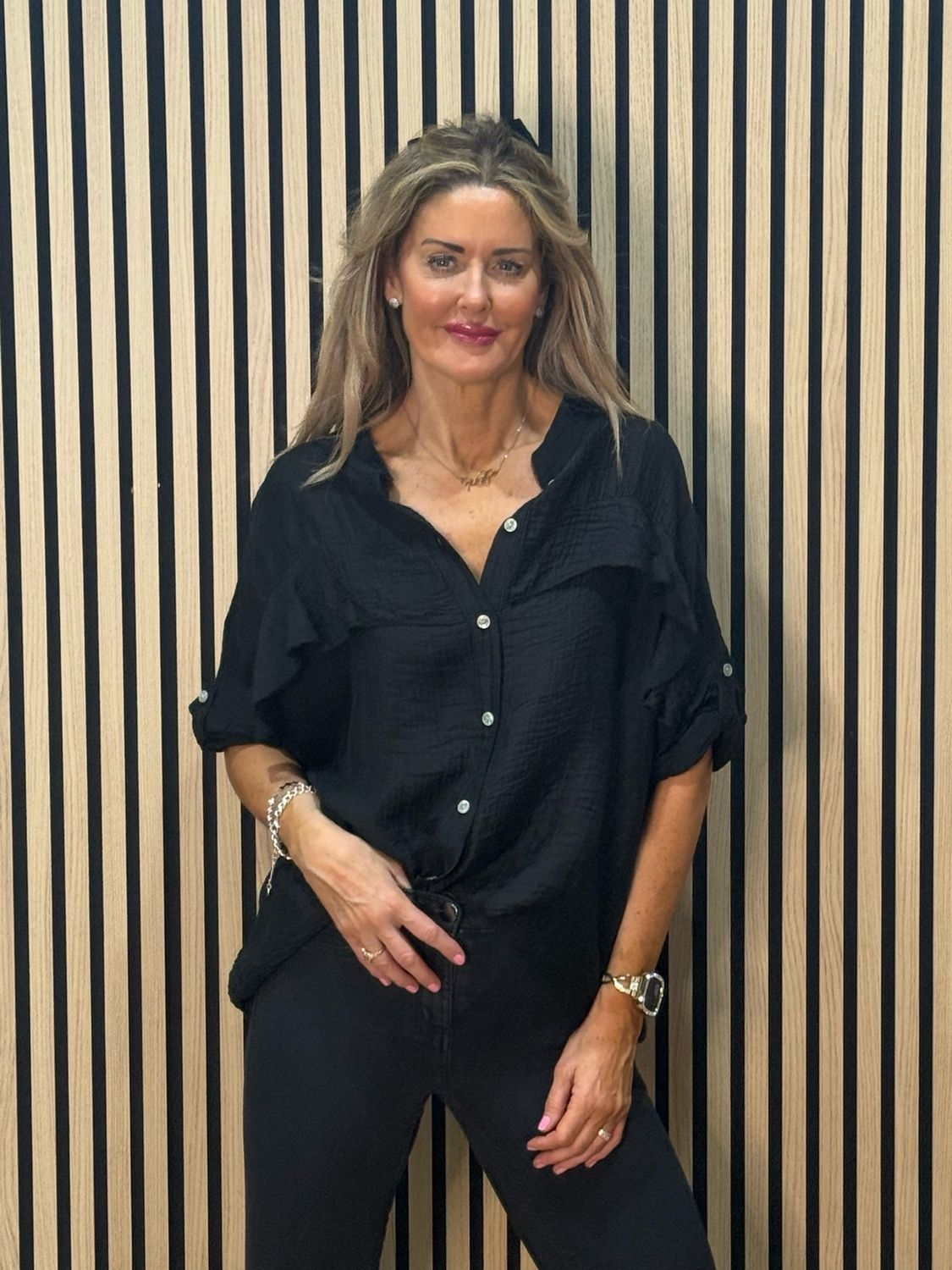 Lightweight Textured Button Blouse - Black