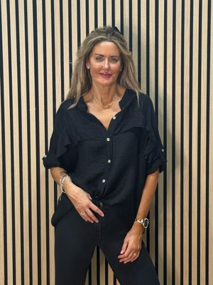 Lightweight Textured Button Blouse - Black