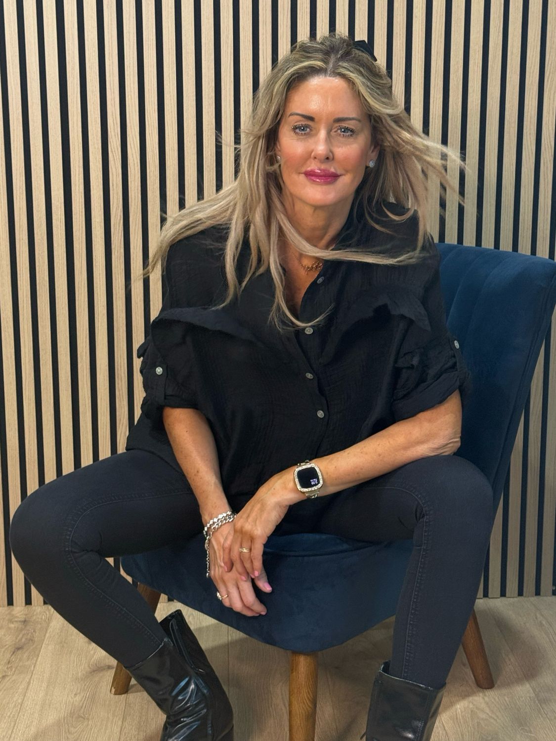 Lightweight Textured Button Blouse - Black