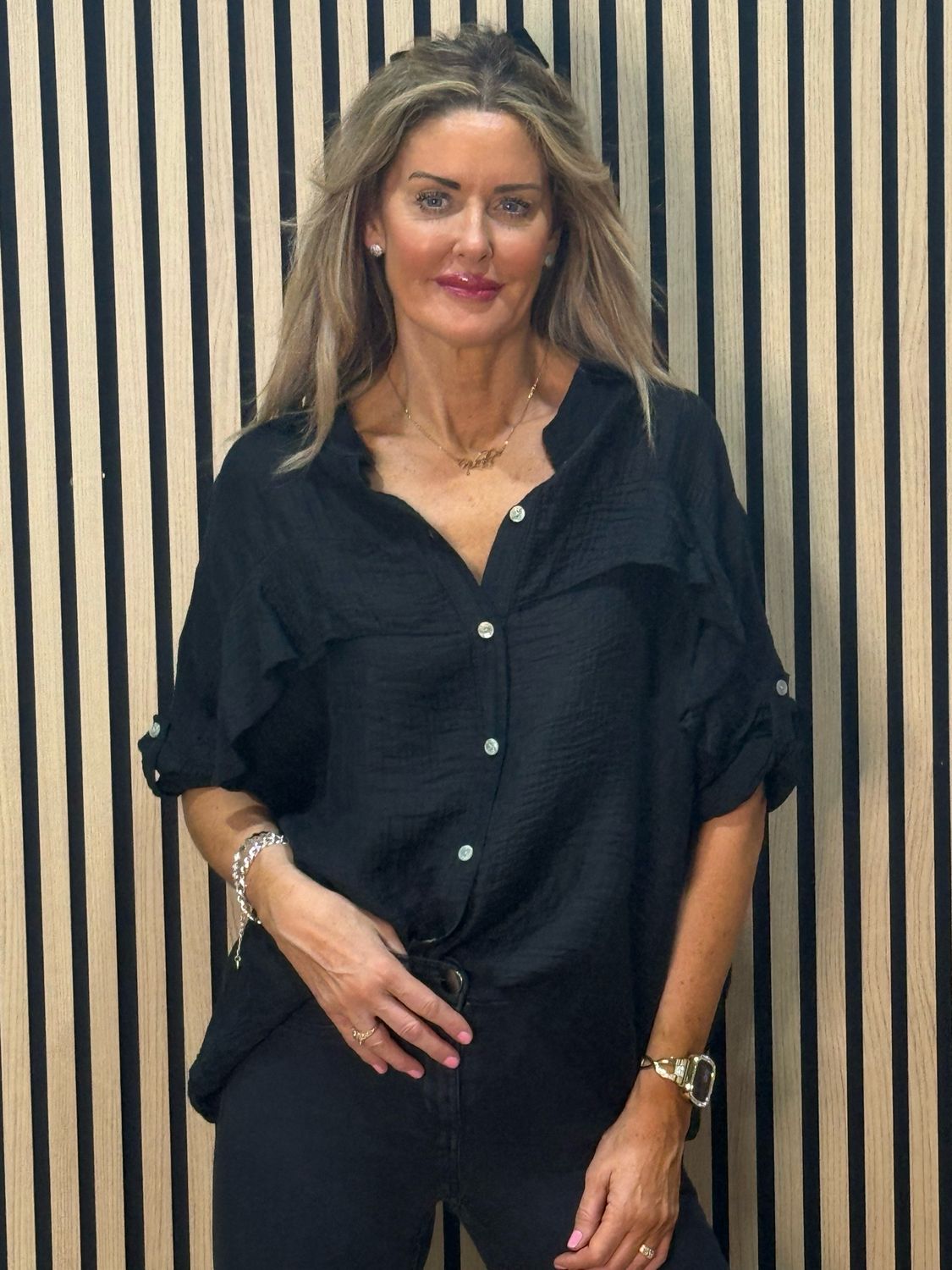 Lightweight Textured Button Blouse - Black