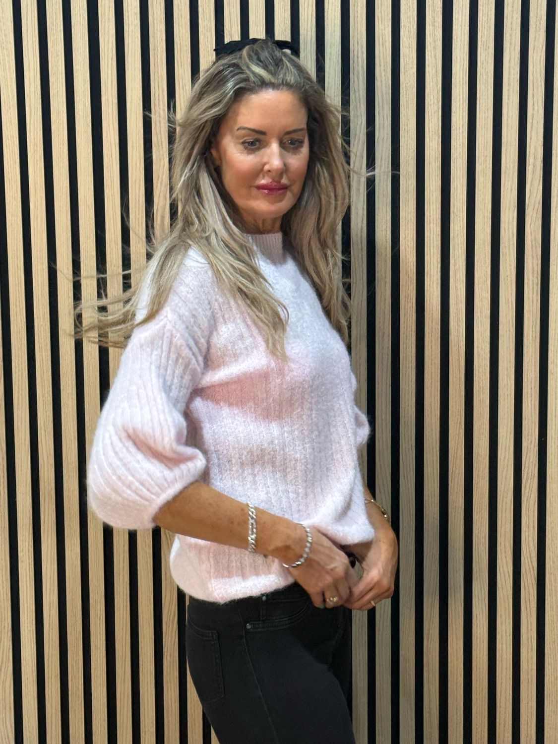Ribbed Puff Sleeve Jumper - Pink
