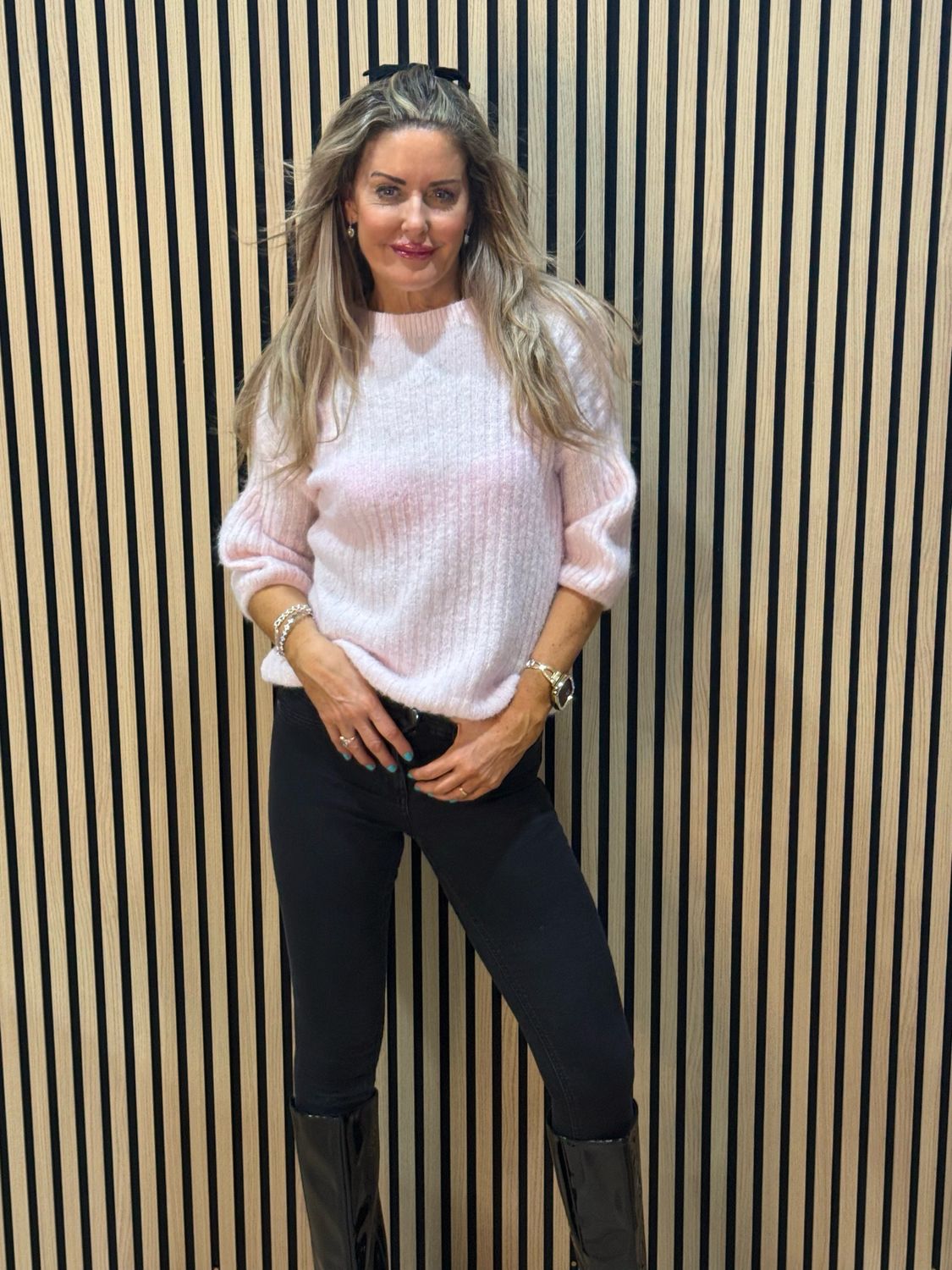 Ribbed Puff Sleeve Jumper - Pink